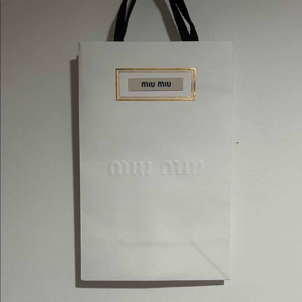 Miu Miu White Paper Gift Bag with Black Handles and Gold Trim
